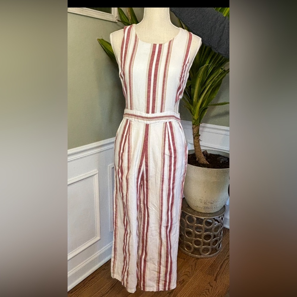 Japna Womens Striped Cotton Linen Cut‎ Out Wide Leg Jumpsuit Red White Size M